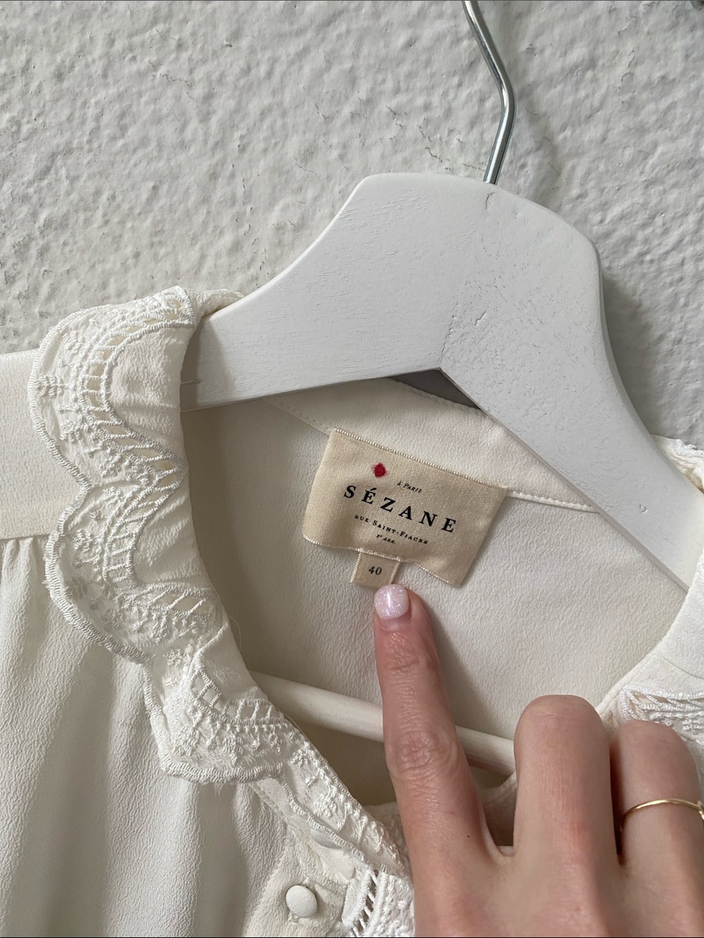 Sezane CHLO SHIRT Silk Cream Lace-Trim Button Blouse size 8 - Picture 6 of 8